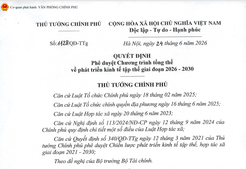 Quyết định: Phê duyệt chương trình tổng thể về phát triển kinh tế tập thể giai đoạn 2026-2030