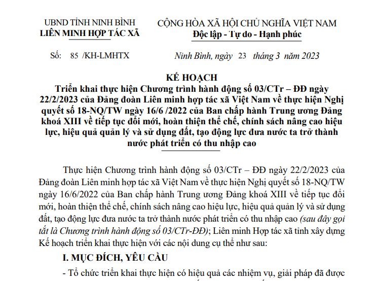 Kế hoạch triển khai chương trình hành động số 03/Ctr-ĐĐ ngày 22/2/2023 của Đảng đoàn Liên minh HTX Việt Nam