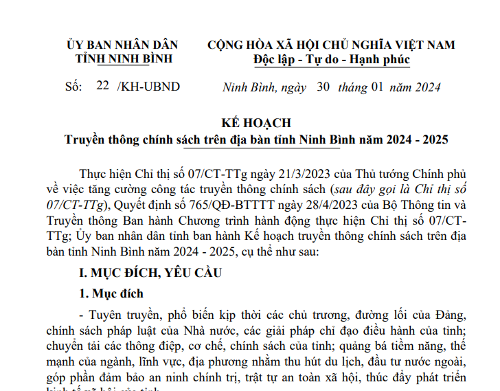 Kế hoạch Truyền thông chính sách trên địa bàn tỉnh Ninh Bình năm 2024 - 2025