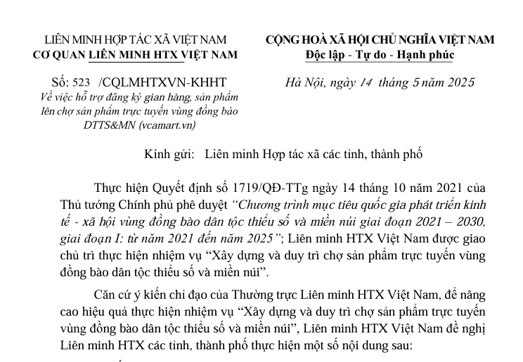 Công văn hỗ trợ đăng ký gian hàng, sản phẩm lên chợ sản phẩm trực tuyến vùng đồng bào DTTS&MN