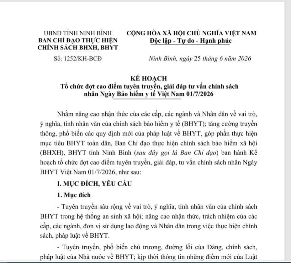 Ninh Bình tổ chức đợt cao điểm tuyên truyền, giải đáp, tư vấn chính sách nhân Ngày Bảo hiểm y tế Việt Nam 01/7/2026
